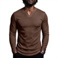 thumbnail image 2 of Lumtrix Men'S Long Sleeve Muscle T Shirts Casual V-Neck Slim Fit Longline Ribbed Knit Shirts Stretch Tee Shirts Brown M, 2 of 8
