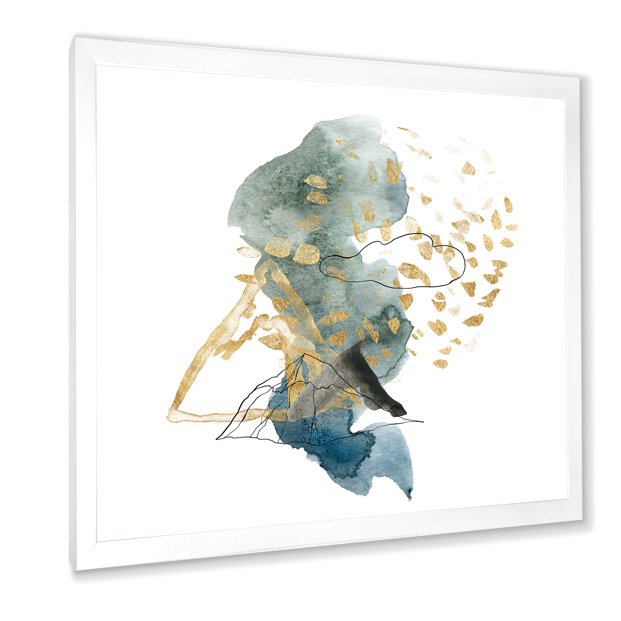 Designart 'Gold Strokes and Landscape of Dark Blue Mountains I' Modern Framed Art Print