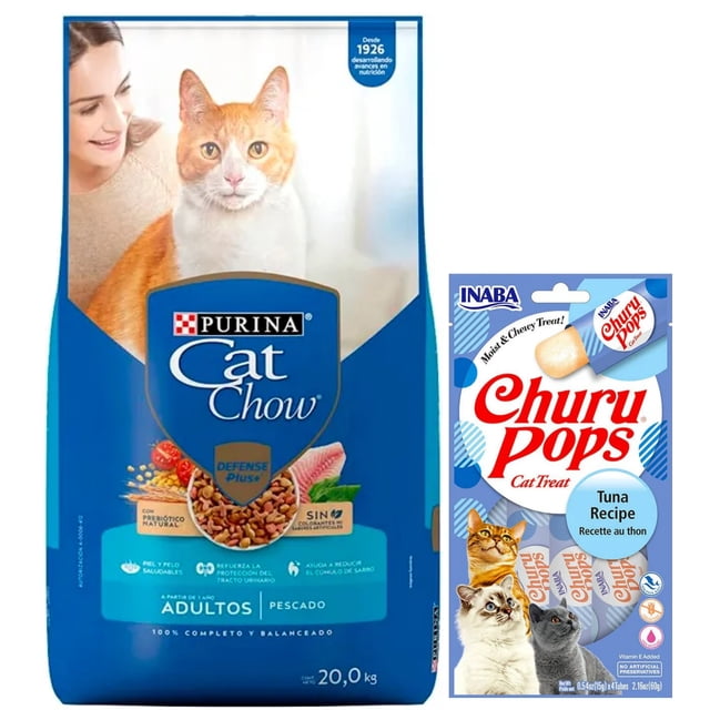 Cat Chow Adulto Pescado Defense Plus 20 kg + Churu Pops Atún Snack 4 tubos de 15g