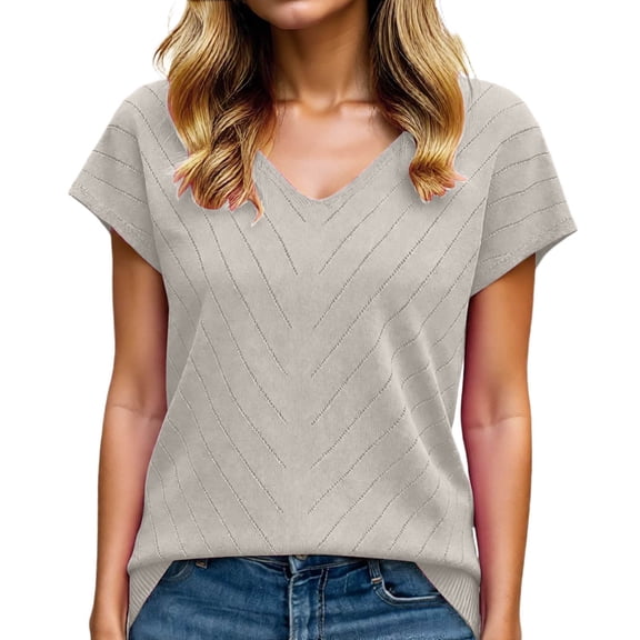NAFUU Sweet Women T-Shirts Solid Color V-Neck Short Sleeve Summer Casual Off Shoulder Top For Beach Outfits True Classic Tees Women,Beige