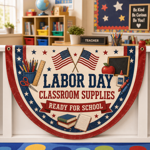Labor Day Teacher Semi Circle Flag Banner for Classroom Supplies Display
