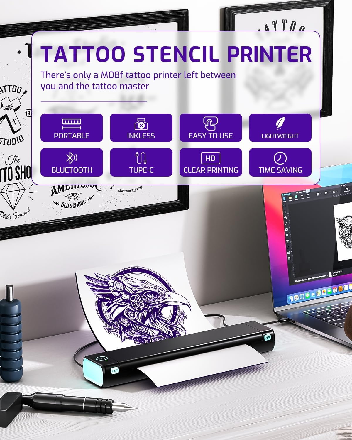 Phomemo M08F Wireless Tattoo Transfer Printer, Thermal Tattoo Machine with 10pcs Free Transfer Paper for Tattoo Artists & Beginners, Compatible with Smartphone & PC, Black & Green
