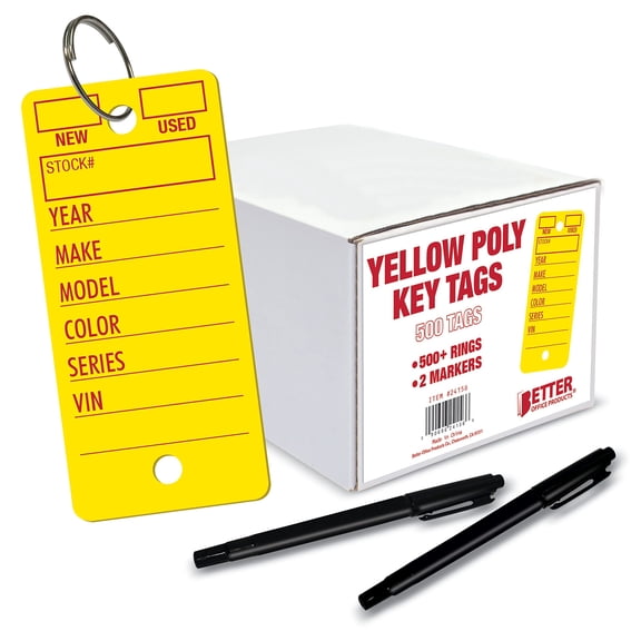 500 Poly Key Tags, 1.375" x 3", Durable Plastic Dealership Service Shop Tags, Includes 500 Rings , by Better Office Products (Yellow)