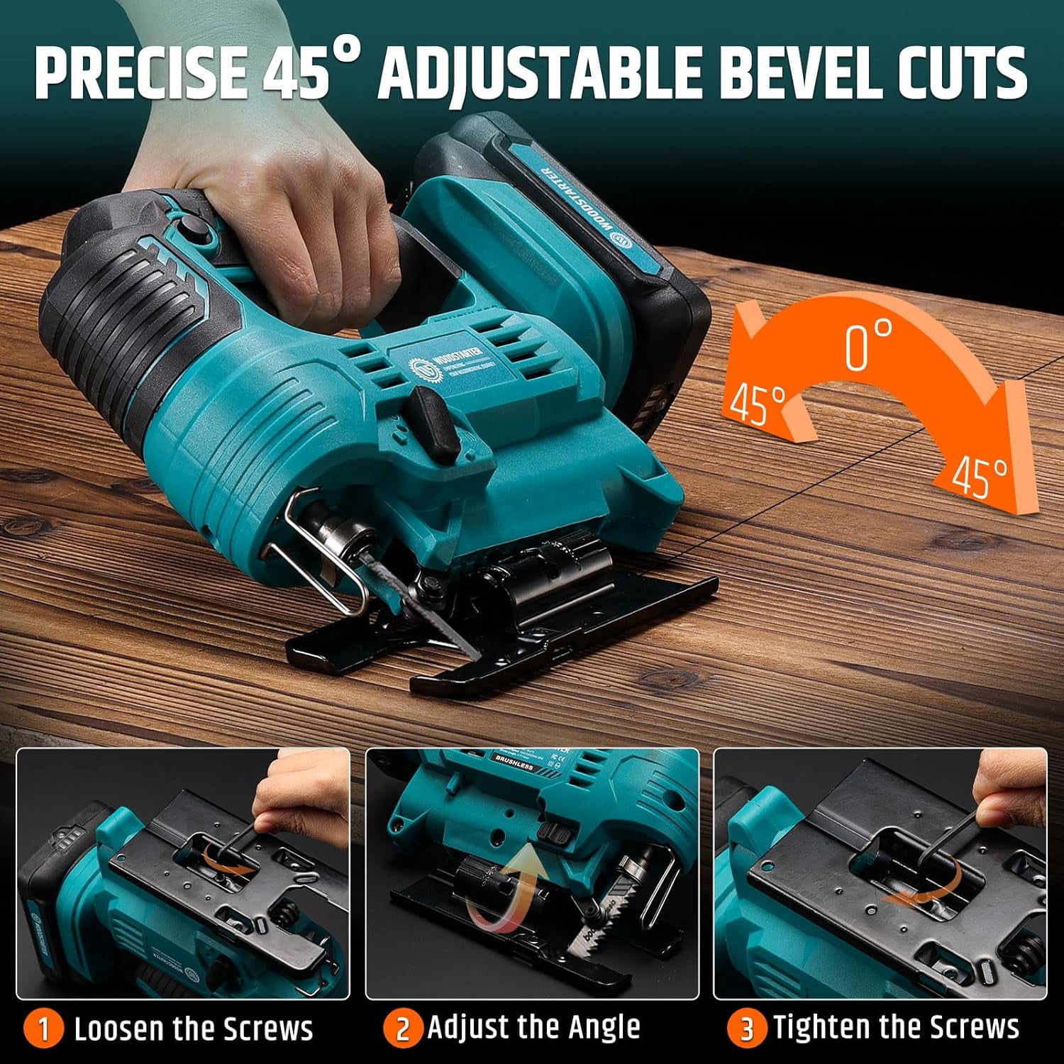 WOODSTARTER Cordless Jig Saw with Brushless Motor, 3 Adjustable Speed Settings, 45°-90° Cutting Angle, Compatible with T-Shaped Blades, Includes Dust Blowing Feature (Tool Only)