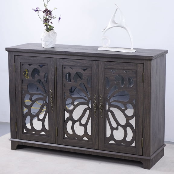 S-HOME Versatile 49.33 Inch Countertop Sideboard With 3 Mirrored Doors For Living Room Or Kitchen Storage, Dark Brown