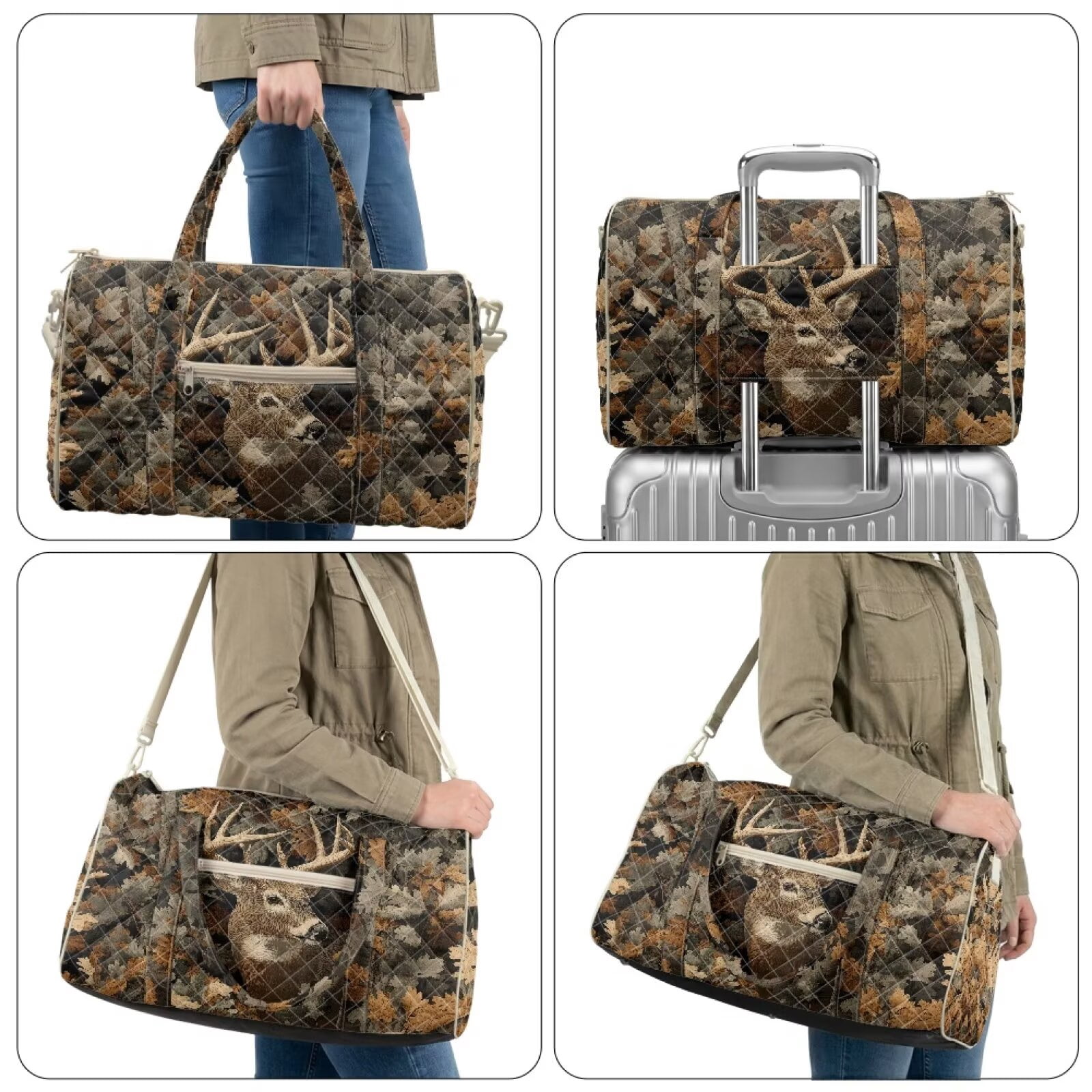 Garronmavis Deer Forest Print Large Quilted Duffle Bag for Women, Weekender Travel Bag Carry On Tote with Zipper Pockets, Gym Dance Overnight Bag with Luggage Sleeve