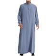 thumbnail image 2 of Wyobmus Men's Muslim Robe Middle Stand Collar Robe Long Style Long Sleeve Pullover Long Shirt Fashion Casual Robe Blue Grey, 2 of 5