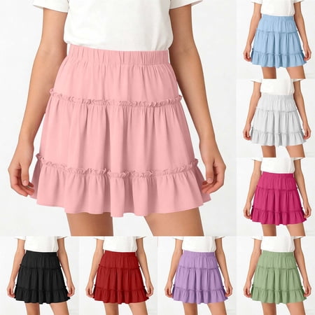 Yeaiivve Tiered Ruffle Skirt Girls Kids Solid Color Uniform Skirts Elastic Waist Casual Mini Skirt for Little Girl Cute Tennis Skirts Black 5-6 Years