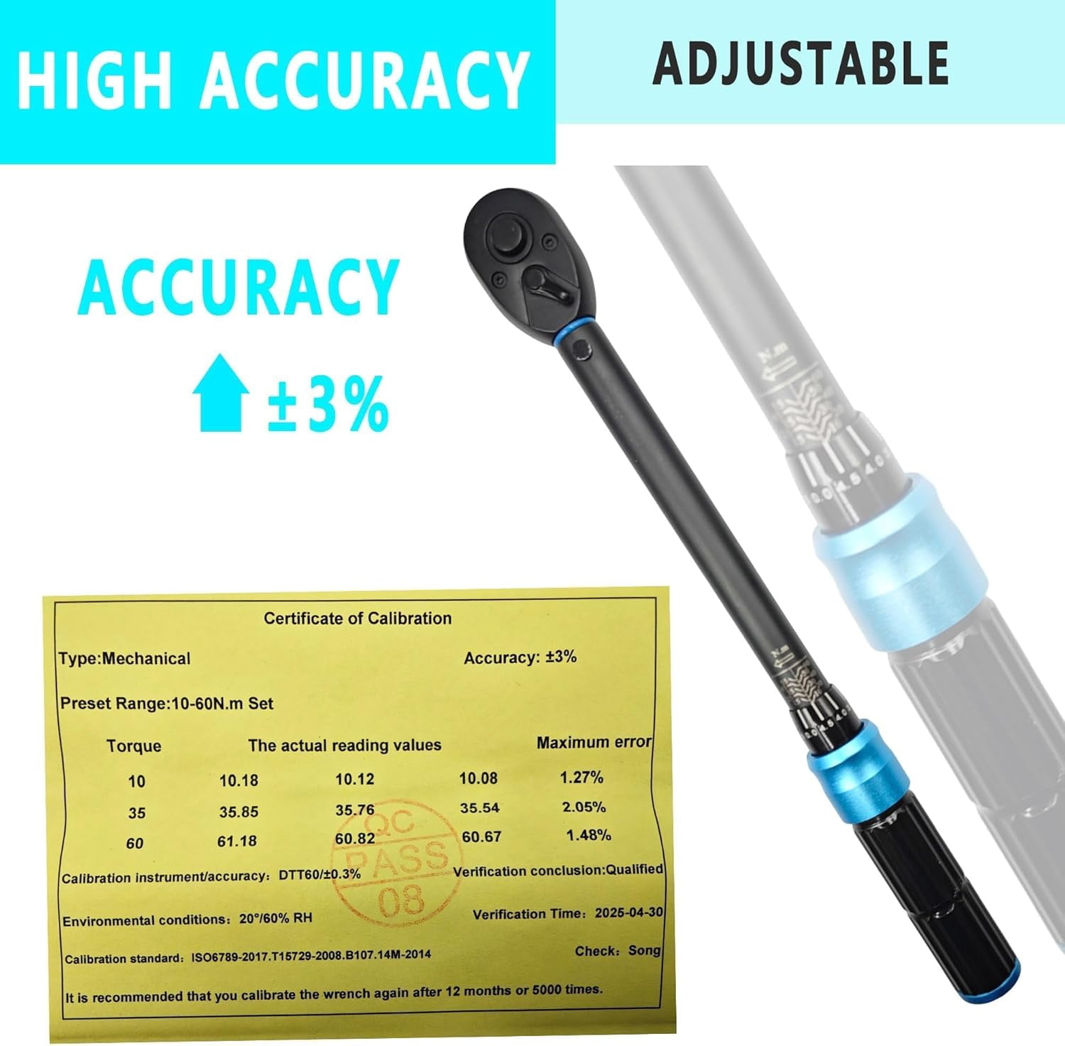 3/8 Inch Torque Wrench, 10-60N·m/7.37-44.27ft·lb, Dual-Direction Adjustable 72 Tooth, Torque Wrenches for Precision Work