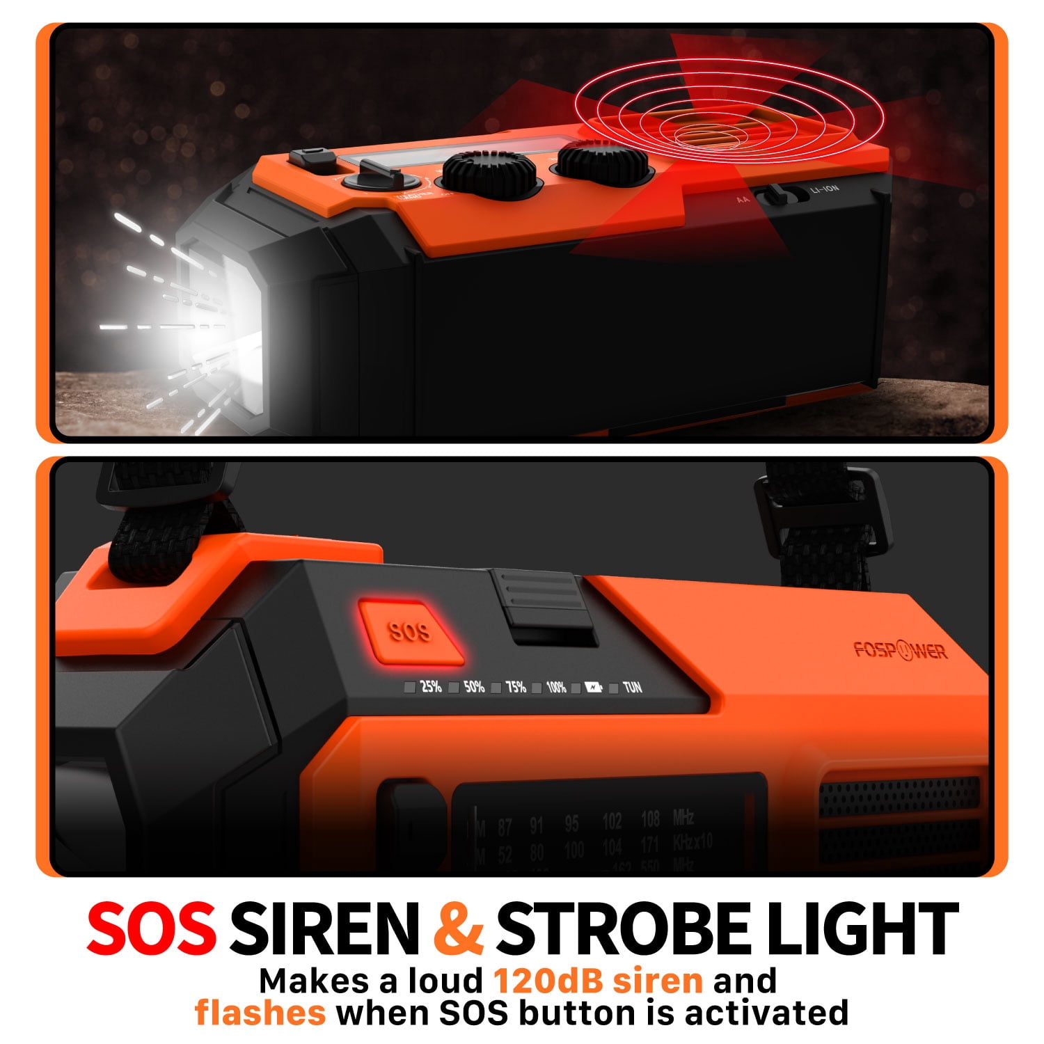 FosPower 5200mAh Solar Powered Emergency Weather Radio A6 with Hand Crank & LED Flashlight, Orange