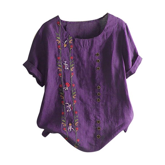 biudgviw Summer Tops for Women Cotton Linen Crew Neck Button Printed Shirts Short Sleeve Rolled Hem Tee Plus Size Clothes