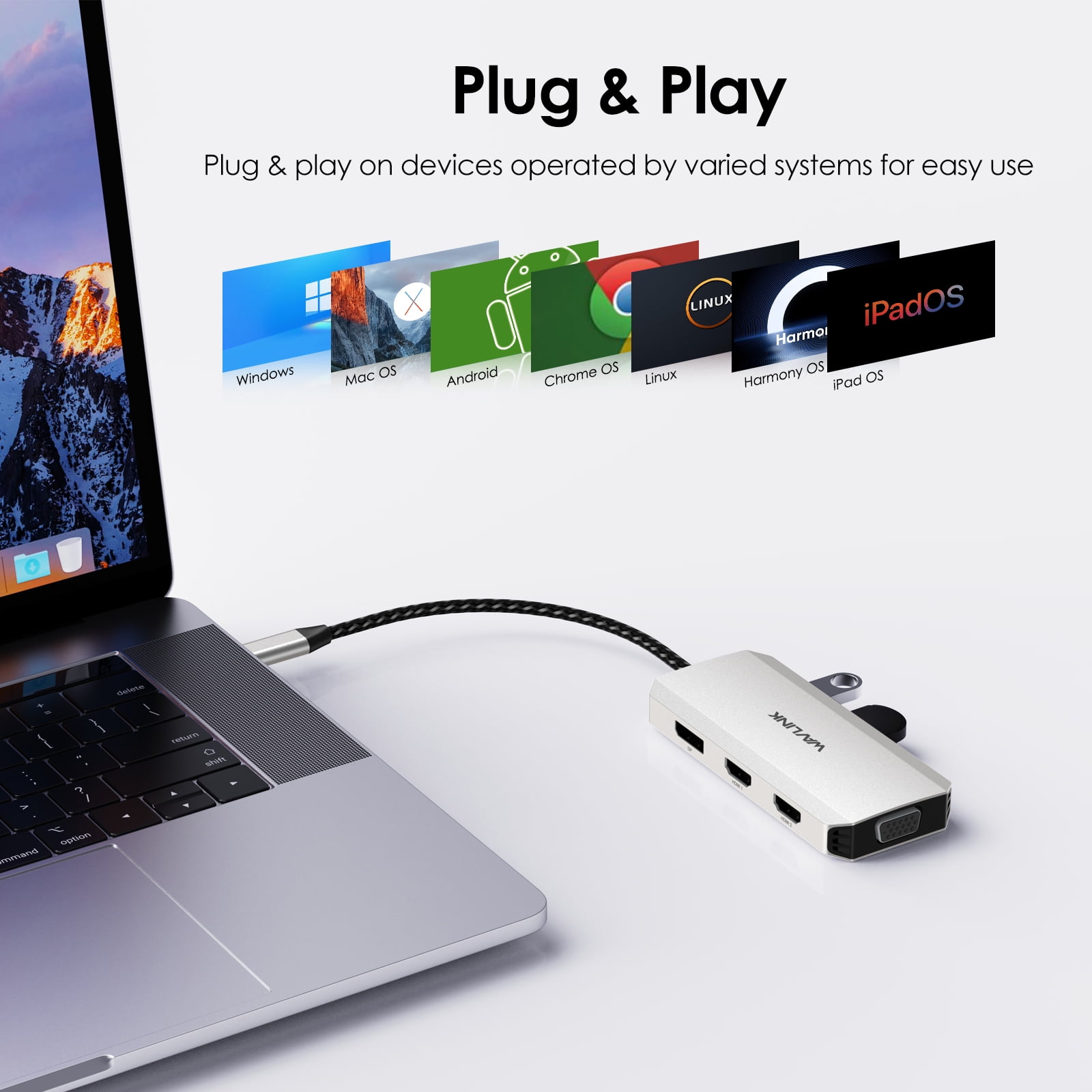 WAVLINK USB C Laptop Docking Station Quad Monitor, 7-IN-1 Multiport Adapter with dual 4K HDMI, 4K DP, VGA, 3xUSB2.0, For Dell/HP/Lenovo/Thinkpad, Compatible with Mac/Windows/Chrome OS/Linux/Android