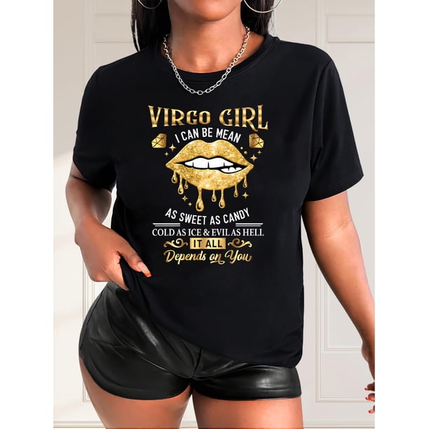 Playera Deportiva Manga Corta Mujer Dry-FitVirgo Girl Graphic Tee, Women's Casual Crew Neck Short Sleeve T-Shirt with Glittering Diamond Letter Print, 100% Polyester Knit Fabric, Medium Stretch, Spr