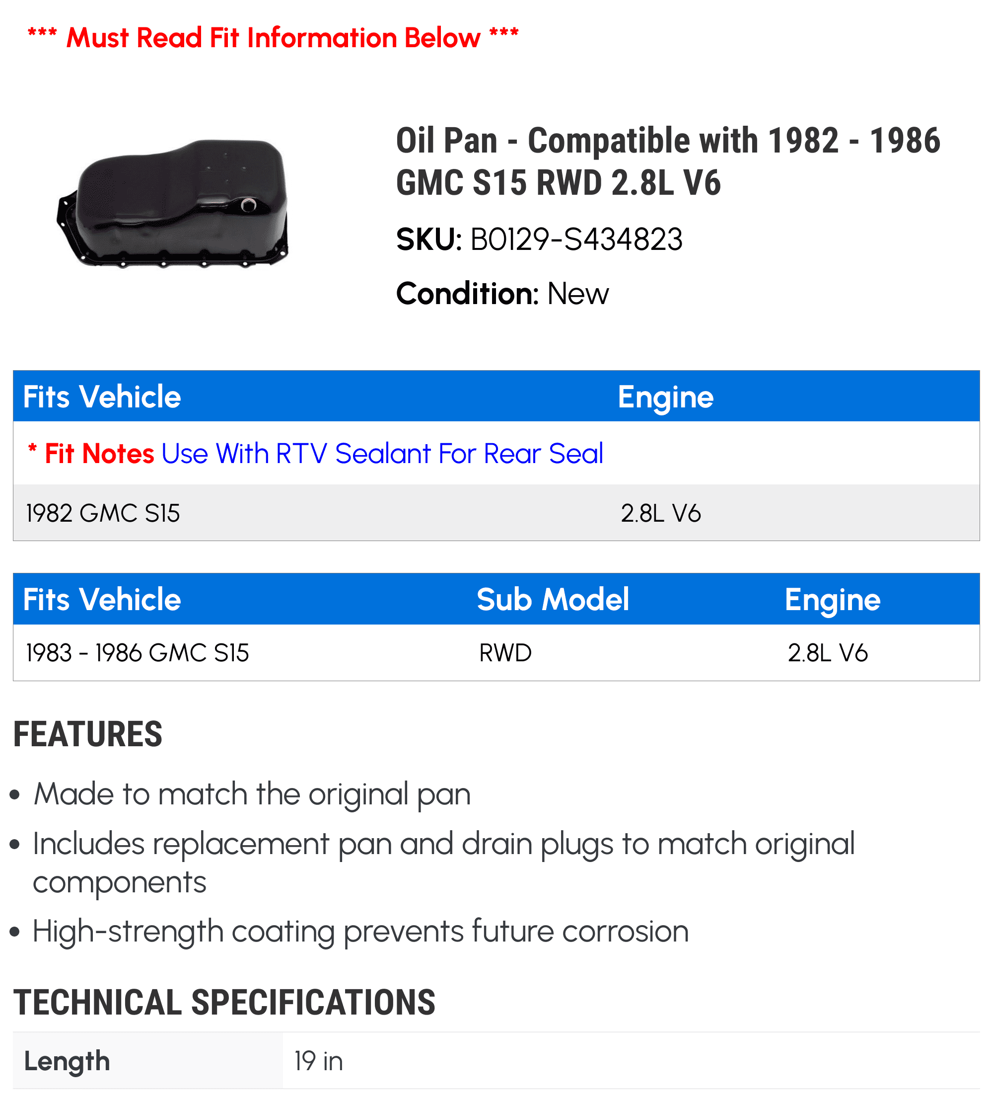Oil Pan - Compatible with 1982 - 1986 GMC S15 RWD 2.8L V6 - Dorman