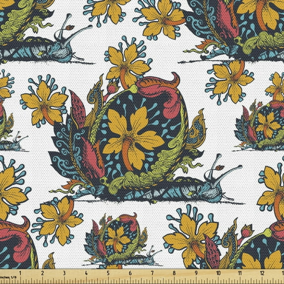 Snail Fabric by the Yard Upholstery, Autumn Nature Inspired Ethnic Cartoon Flowers Leaves Filled Ornamented Insects, Decorative Fabric for DIY and Home Accents, White Multicolor by Ambesonne