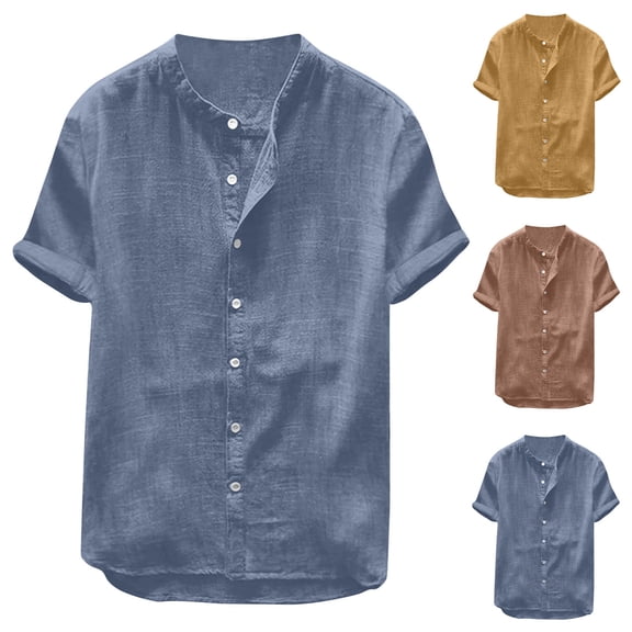 Men's Casual Button Down Shirt Cotton, Short Sleeve Hawaiian Shirt Breathable & Comfortable, Round Neck Solid Button Closure, Lightweight Daily Beach Vacation Summer | Zenithor,Khaki L
