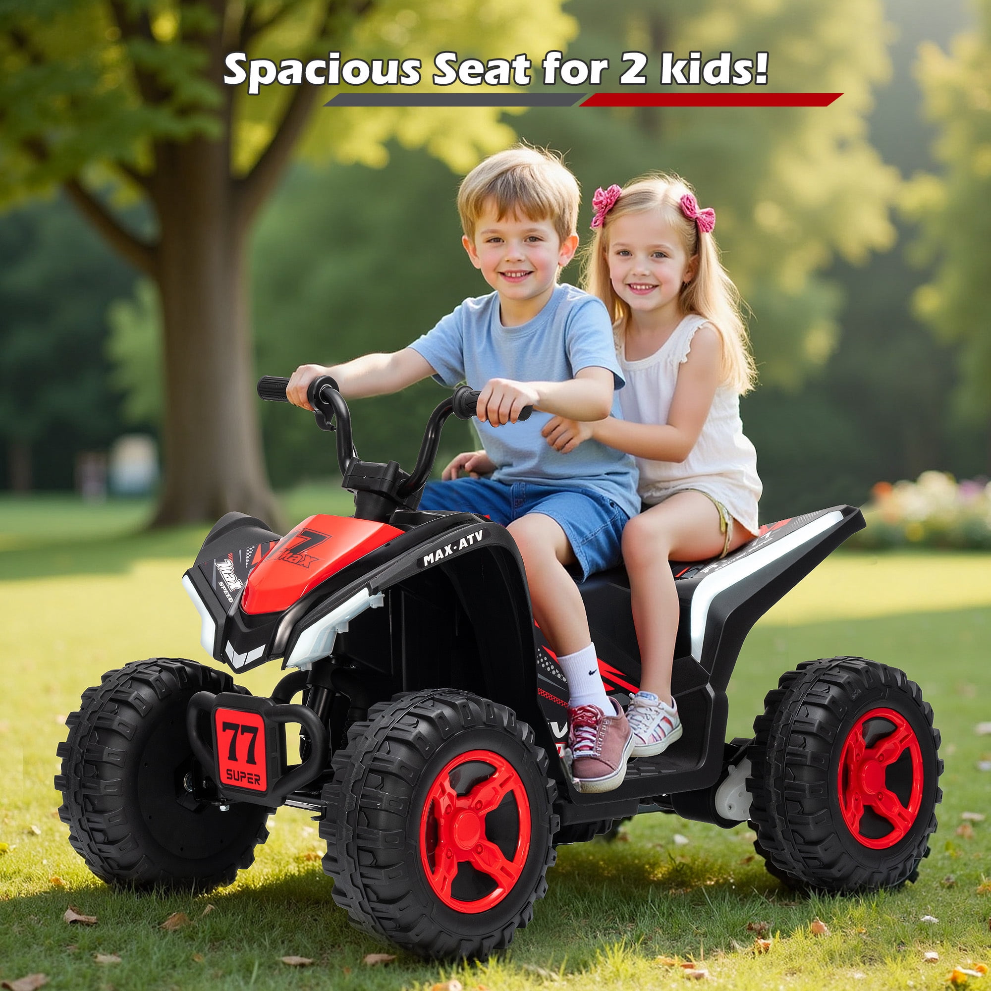 Letsgokid Kids ATV 4 Wheeler, 24V 2 Seater Electric ATV Ride On Toy for Big Kids with 110lb Weight Capacity, 200W Motor, 3.7Mph Max Speed, Spring Suspension, LED Lights, Music