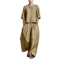 thumbnail image 2 of LEKWK Linen Sets for Women 2 Piece 3/4 Sleeve Button Down Crewneck Tops and Loose Fit Wide Leg Pants Summer Fashion Casual Vacation Outfits, 2 of 5