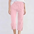 thumbnail image 5 of Petite Capris for Women with Pockets Linen Plus Size Petite Summer 2026 Casual Straight Wide Leg Loose Drawstring Elastic Waist Pink L, 5 of 8