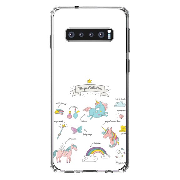 DistinctInk Clear Shockproof Hybrid Case for Samsung Galaxy S10  PLUS(6.4" Screen) - TPU Bumper, Acrylic Back, Tempered Glass Screen Protector - Magic Collection White - Unicorn, Rainbow