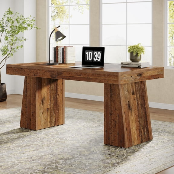 Mix Brown Tribesigns 55 Inch Executive Desk, Wooden Office Desk with Double