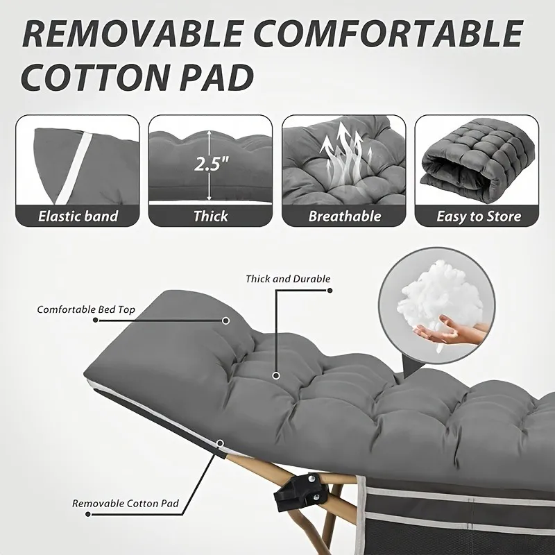 75-inch heavy-duty folding bed, 10-leg design for stable support, portable camping bed with side pockets and mattress, camping equipment