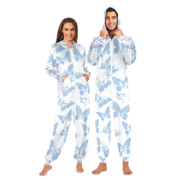 FORMRS Onesies Pajama for Adults Unisex Hoodie Winter Jumpsuit One Piece Sleepwear, Sizes S-2XL, Blue Butterfly