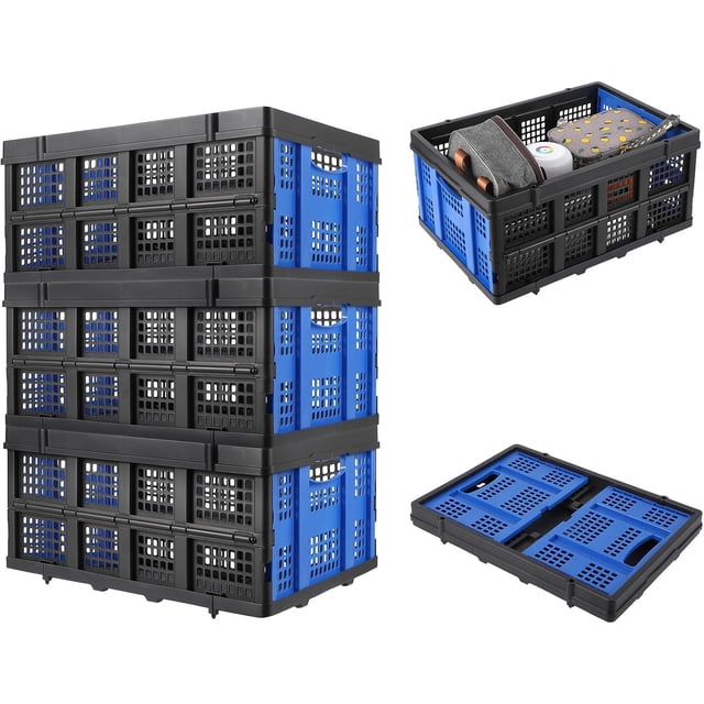 Bingirl Collapsible 14.5 - Gallon Stackable Heavy - Duty Plastic Storage Crate with Handle, 55 Lb Capacity, Foldable Bin for Home, Office, Farm - Blue