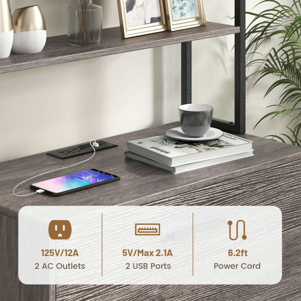 Demi Bonn 2 Drawer Freestanding File Cabinet with Charging Station and 3-Tier Open Shelves, Gray