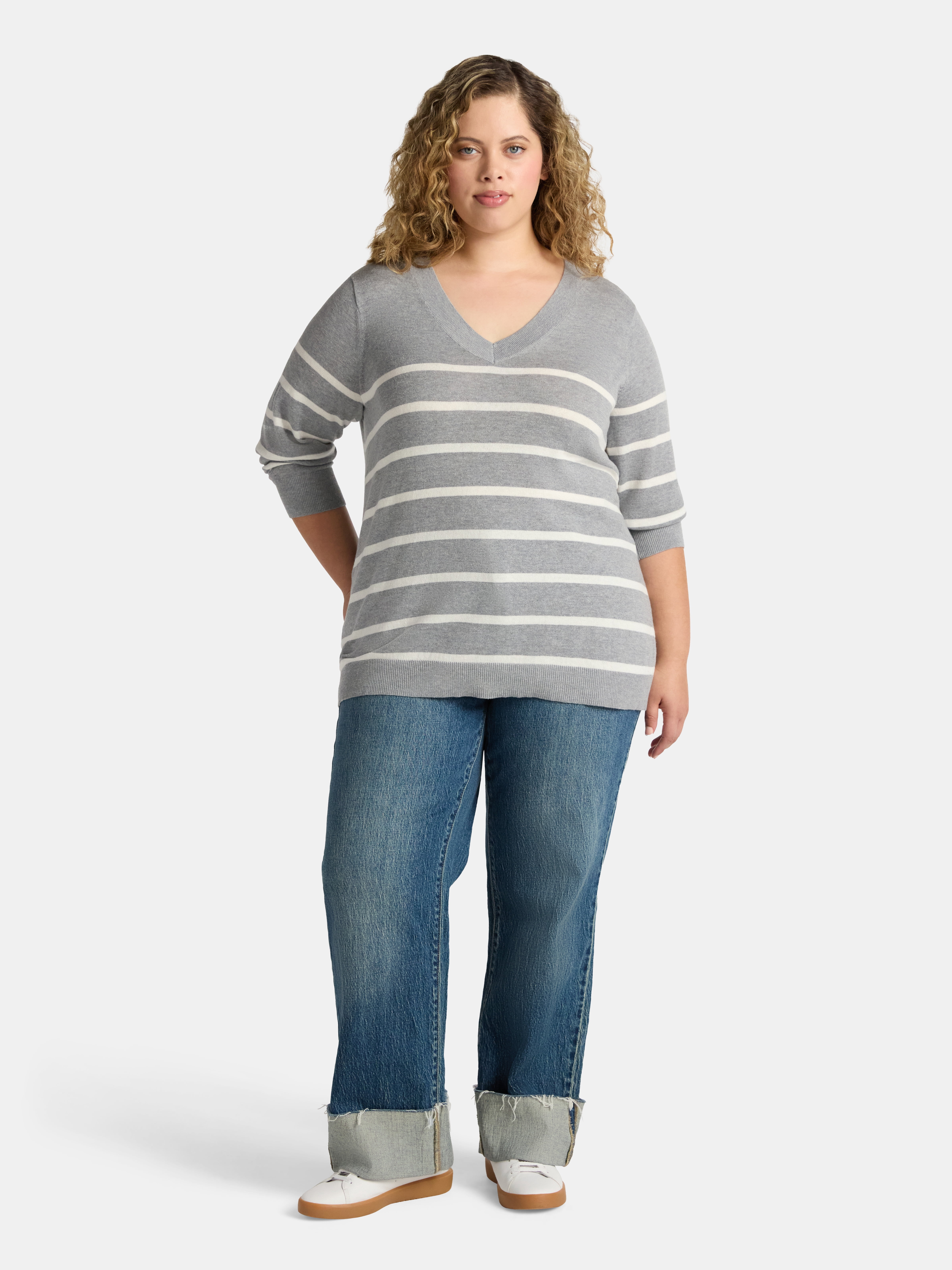 Terra & Sky Women's Plus V-Neck Fine Gauge Pullover Sweater, Lightweight, Sizes 0X-5X