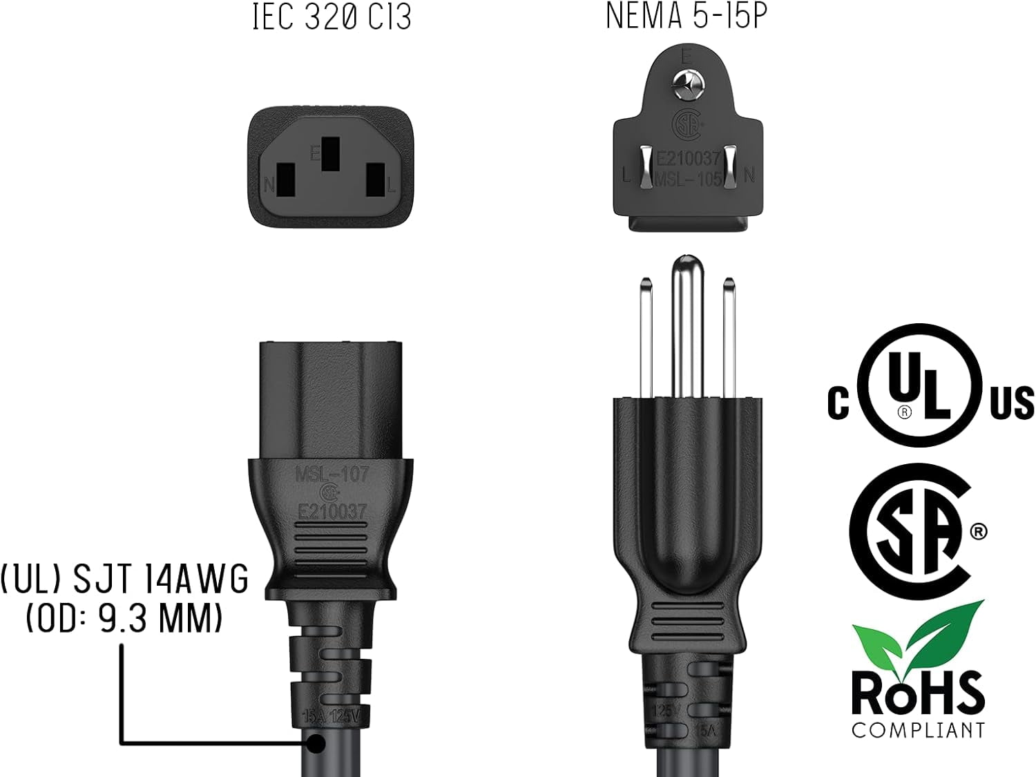LujingZ Cable Leader 15ft 14AWG Computer Power Cord, NEMA 5-15P to IEC C13 AC Power Cable, Heavy Duty 3-Prong Replacement Power Cord for PC, Monitor, Printer, Server & TV - Black