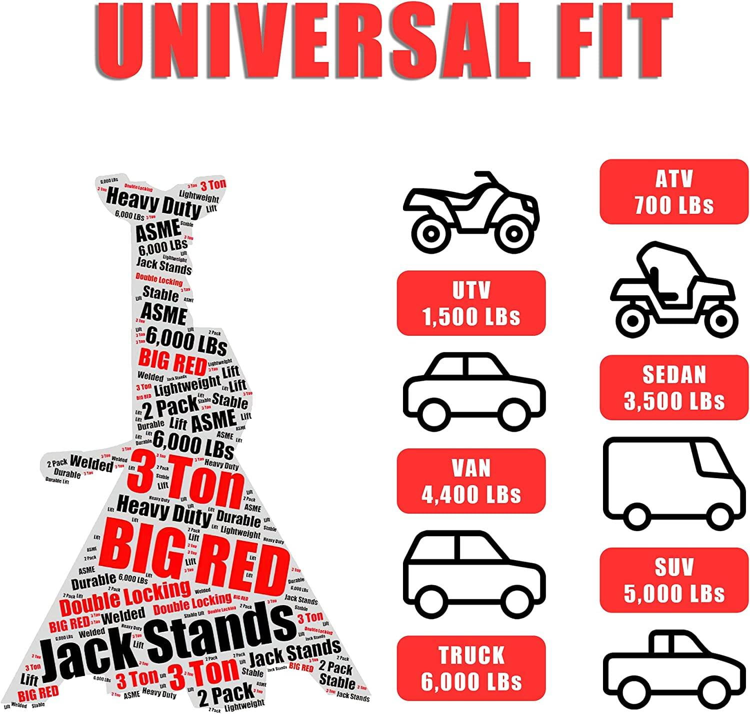 BIG RED Steel Jack Stands: Double Locking, 3 Ton (6,000 lb) Capacity, Red, 1 Pair，DMT43002A