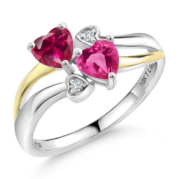 Gem Stone King 925 Silver and 10K Yellow Gold Red Created Ruby and Pink Created Sapphire and White Lab Grown Diamond Ring for Women (1.22 Cttw, July Birthstone, Heart Shape 5MM, Size 7)