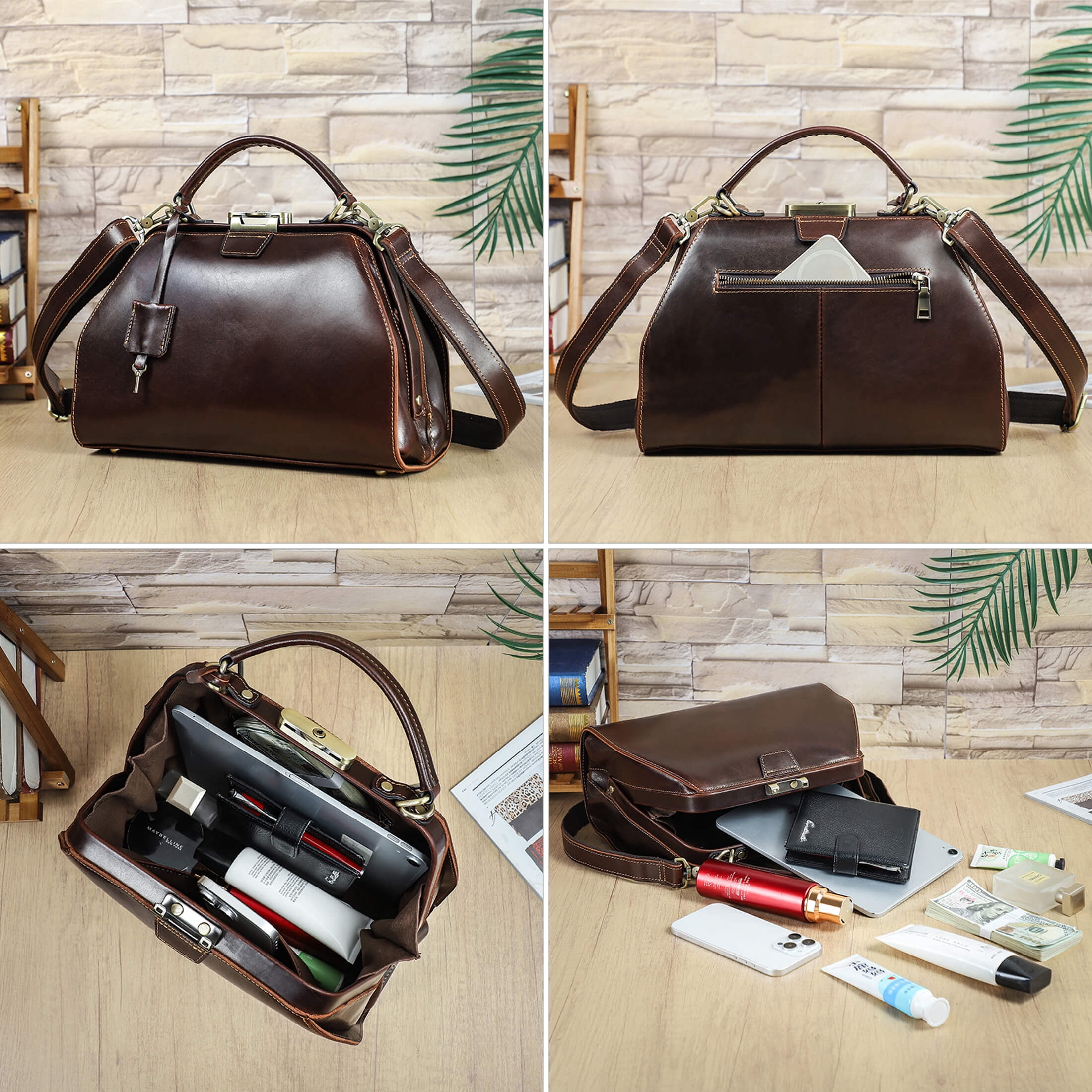 Contact's Full Grain Leather Doctor Bag Purse for Women Vintage Handbag Large Top Handle Satchel Bag (Coffee)