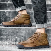 Xfvqtps Mens Ankle Boots British Large High Top Outdoor Loafers Lace Up Motorcycle Cowhide Fashion Casual Shoes Leather Shoes Trendy Large Size Breathable Driving Shoes Khaki
