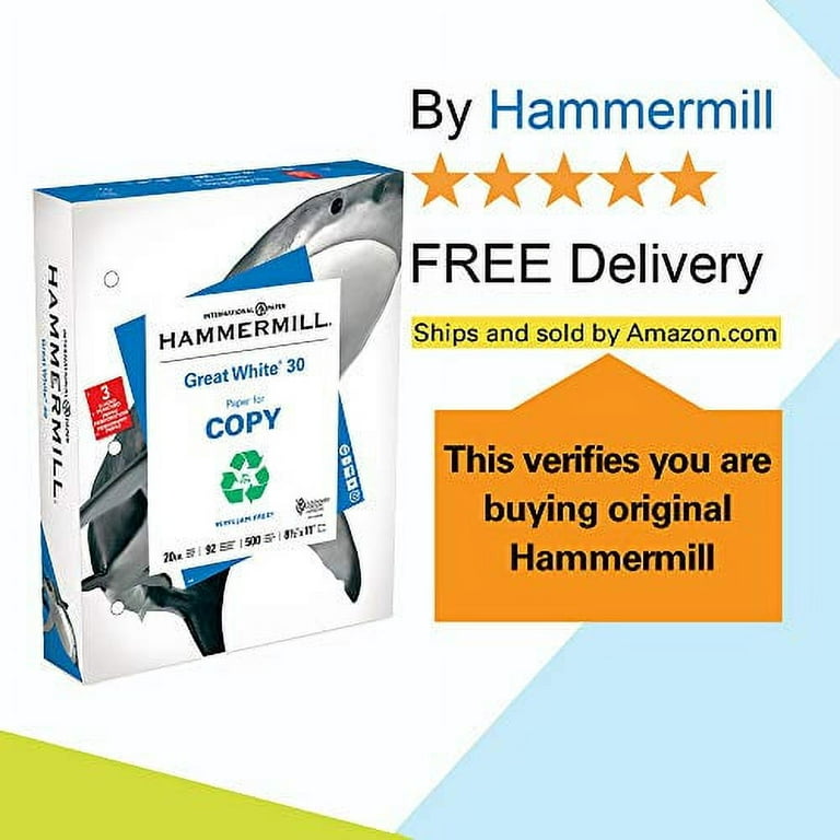 Hammermill Printer Paper, Great White 30% Recycled Paper, 8.5 x 11 - 1 Ream  (500 Sheets) - 92 Bright, Made in the USA, 086710