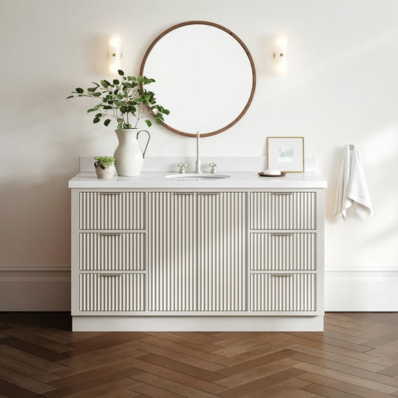 ARIEL Milan 61 Inch Single Oval Sink Bathroom Vanity with Pure White Quartz Countertop 1.5 Inch in Warm White