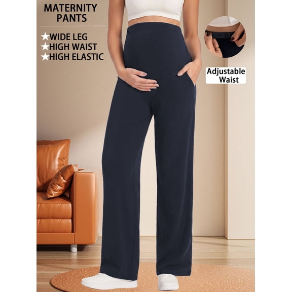 Bearsland Women's Maternity Pants High Waist Wide Leg Work Pants Adjustable Waist Pregnancy Dress Yoga Pants Stretchy Comfy Lounge Casual Daily Wear Trousers with Pockets(M-XXXXL)