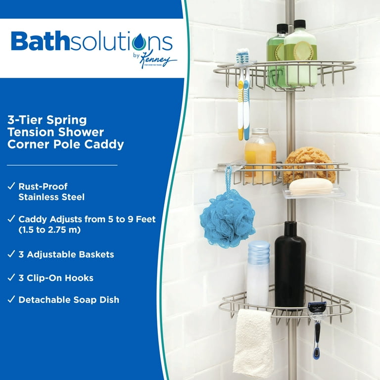Kenney 3-Tier Stainless Steel Spring Tension Shower Corner Pole Caddy with Four Clip-on Hooks and Razor Holders, Satin Nickel Kenney 3-Tier Stainless Steel Spring Tension Shower Corner Pole Caddy with Four Clip-on Hooks and Razor Holders, Satin Nickel