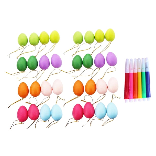 Kit de 32 huevos de Pascua para hacer mismo con 6 rotuladores de colores, suaves y coloridos, con cuerdas colgantes, huevos falsos para decorar