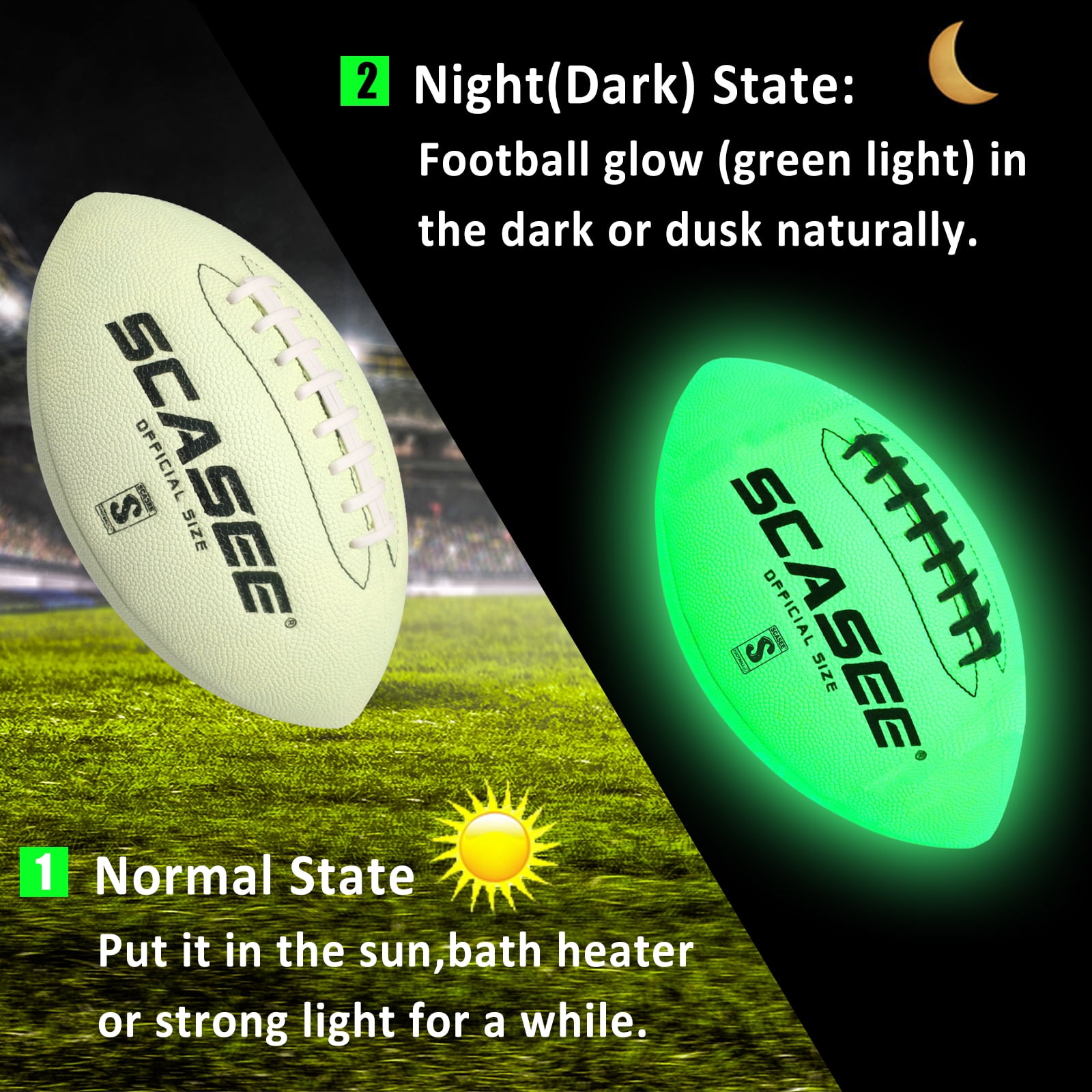 Football Glow in The Dark - Green Light Up Footballs Official Size 9 - Glowing Leather Night Ball Gift for Teen Boys Girls Men and Women - Outdoor Indoor Traning Balls