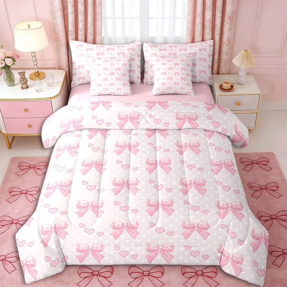 Erosebridal Princess Bowknot Twin Bedding Sets 7-Piece for Kids Girls,Polka Dots Love Heart Bedding Comforter Set for Teens,Pink Reversible,Microfiber Bedroom Decor