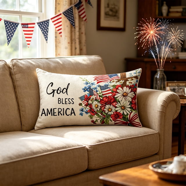Linnome Independence Day Themed Linen Pillowcase with Five Pointed Star Letter Backrest Cover 19.69x11.81 Inch