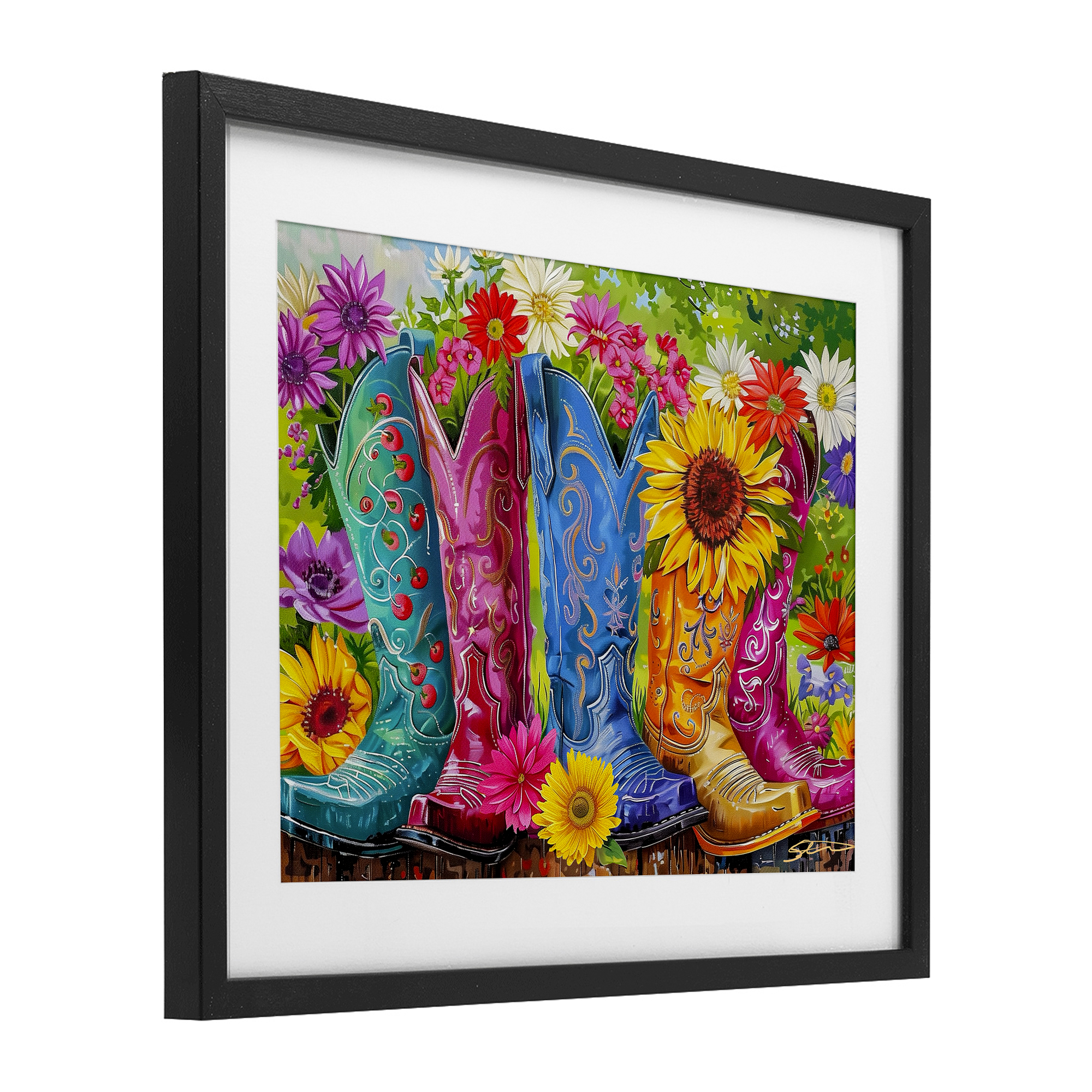 Cowboy Boots and Sunflowers Black Framed Print Under Glass, design by Shawna Stewart