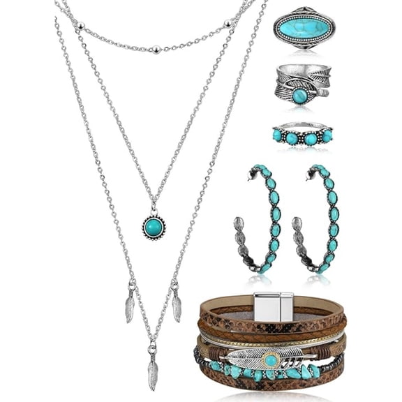 6 Piece Bohemian Turquoise Jewelry Set for Women, Western Alloy & Faux Leather Necklace Bracelet Earrings Rings, Festival Daily Layered Stack