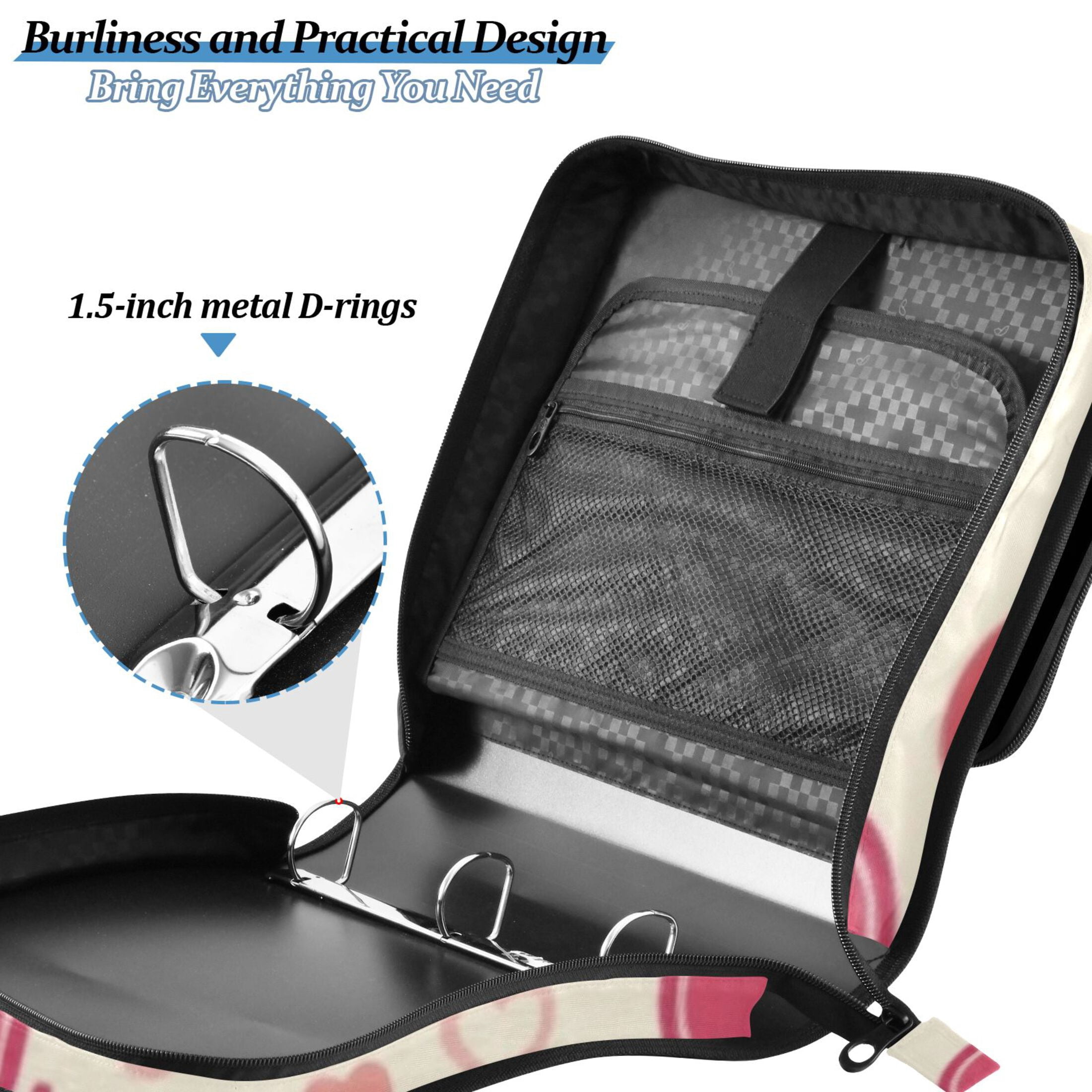 3 Ring Zipper Binder with Shoulder Strap Waterproof Trapper Keeper 2 Inch D-Ring 500 Sheets Capacity Heart and Dot