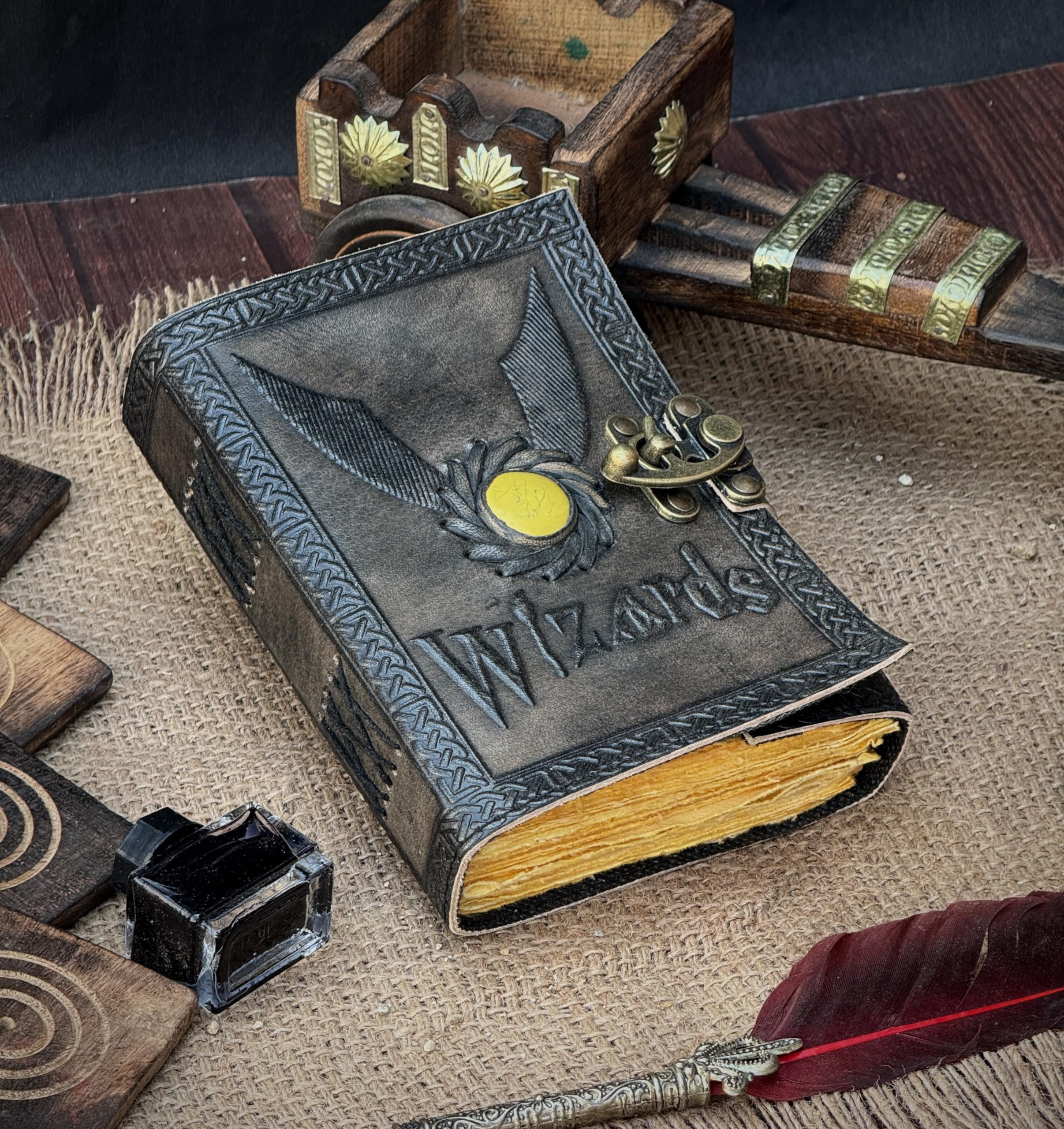 Wizards Leather Journal With Yellow Semi-Precious Stone and FlyingKey Embedded Backside - Vintage Leather Journal - Book of Shadows - Blank Spell Book - Grimoire Wiccan Supplies Witchcraft Antique