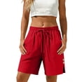 thumbnail image 2 of Bloomae Women's Linen Shorts Casual Button Side Slit Bermuda Long Shorts Drawstring Elastic High Waisted Comfy Summer Beach Vacation Short Pants with Pockets Red S, 2 of 8