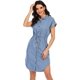 thumbnail image 3 of Love Welove Moda de verano para mujer Vestido de camisa de algodón de mezclilla Manga corta Hasta la rodilla Botones Vestido informal con bolsillos Azul claro XX-Large, 3 of 5