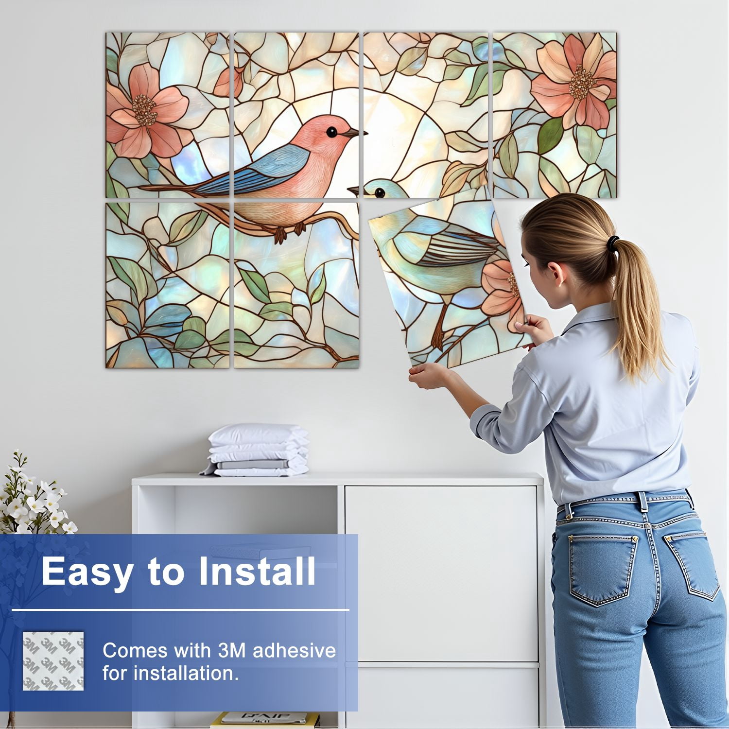 Stained Glass Style 8 Pack Art Acoustic Panels Sound Absorbing Birds Flowers Branches Decorative Soundproof Wall Panels Self Adhesive for Nursery Game Room Bedroom 48"x32"